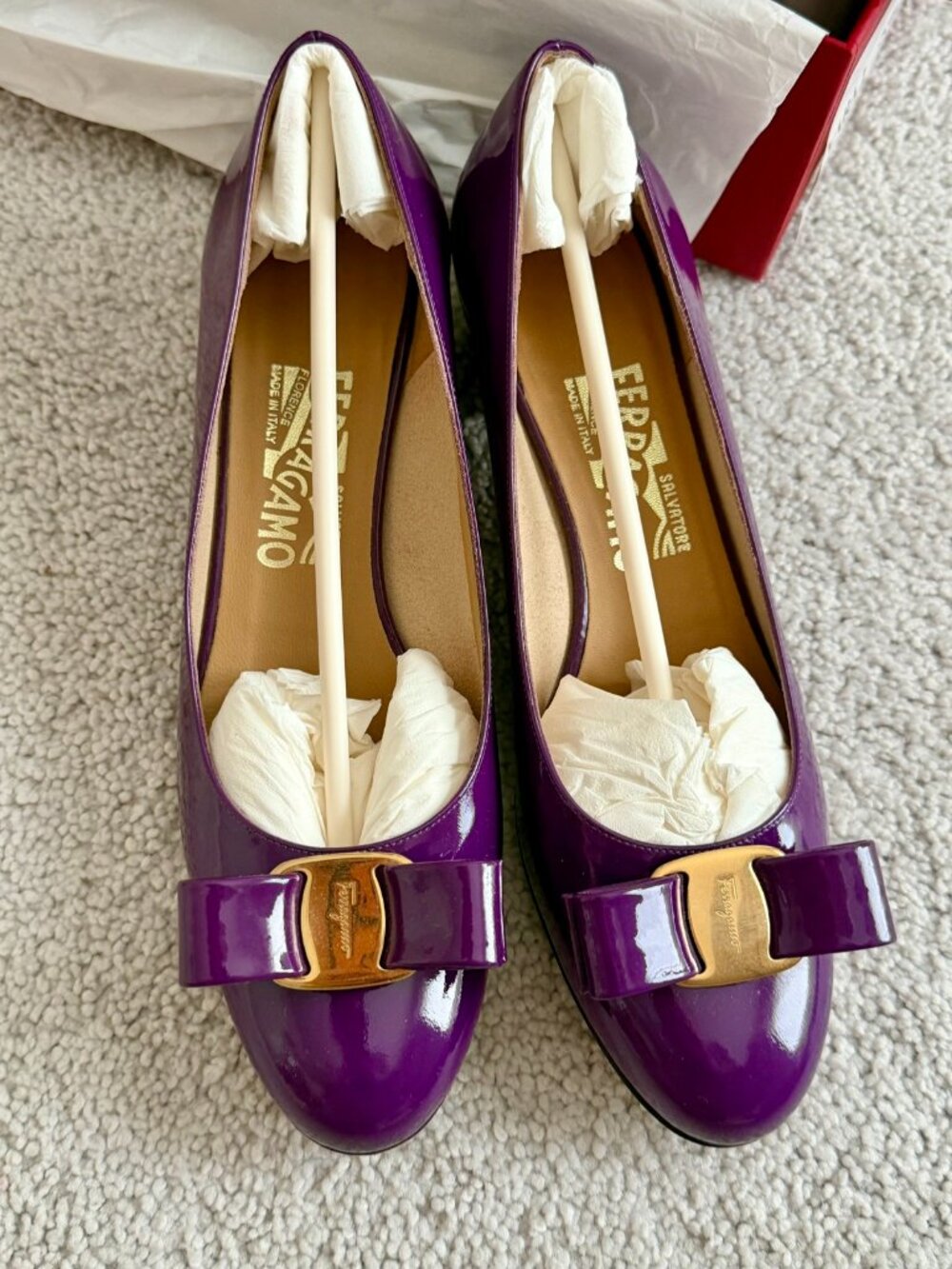 Salvatore Ferragamo Vara 1 Patent Leather Flats, Purple, Size 7.5